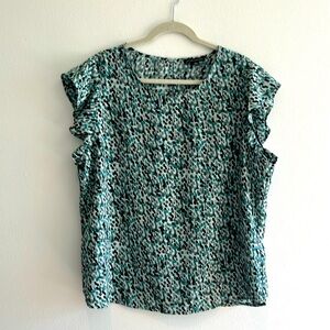 Adrianna Papell blue/green patterned Dot Blouse Tie Neck Flutter Sleeve Size XL
